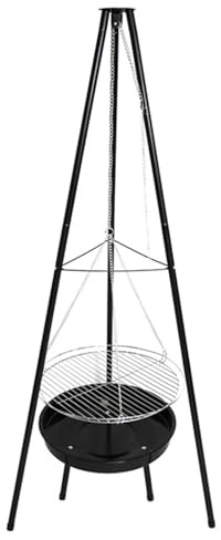 Topteng Tripod Outdoor Fire Pit BBQ Round Bowl, passend für Garden Patio, Extra Large Barbecue Grill with Mesh Top, Portable Steel Firepit, Adjustable Hanging Chrome Plated Cooking Grill Stand