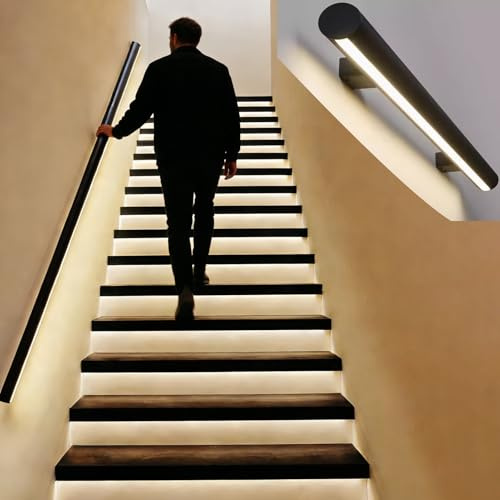 Jievmrs Kit Ringhiera per Scale da 91 122 183 211 610 cm per Interni, Corrimano per Scale Rotondo con Luce a LED con Sensore di Movimento, Corrimano per Scale(Right,10ft/305cm)
