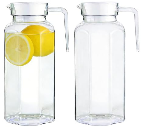 LEKEFETO 2 piezas Jarra de agua transparente con tapa: jarra de jugo transparente de 1,5 litros con tapa, botella de agua acrílica, jarra de té helado de plástico con asa