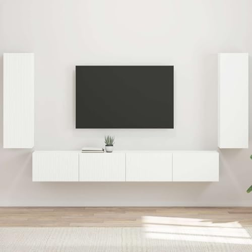 HETFTJN TV-Wandregal Set Weiß 98 x 31 x 29,5 cm Modernes Lowboard Fernsehschrank mit 4 Pendeltüren und 10 Fächern Langlebiger Holzwerkstoff Wohnzimmer Deko für Entertainment Center