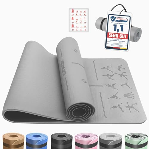 Yoga Matte 6 mm TPE rutschfest mit Ausrichtungslinien 183 x 61x0.6 cm | Mit Yoga-Posen, Ausrichtungslinien, Trageriemen,für Yoga, Pilates, Home,Stretching und Workout Sportmatte