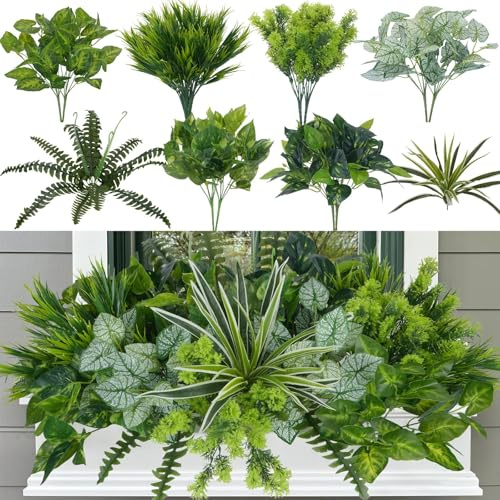 Fairblo 18 Pcs Kunstpflanze Outdoor Wetterfest Künstliche Pflanzen wie Echt | Künstliche Balkonpflanzen UV-Beständig Farn Grüne Blätter Deko Kunstgras Plastikpflanzen für Außenbereich Balkon Fenster