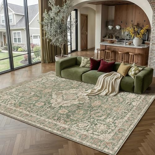 PureCozy Grün Teppich Wohnzimmer 200x300cm Vintage Waschbarer | Groß,Waschbarer Teppich Wohnzimmer, Rutschfest, Geeignet Für Schlafzimmer, Esszimmer,Büro