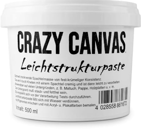 CRAZY CANVAS Strukturpaste fein, leicht in Künstlerqualität - 1000 ml | Acryl-Spachtelmasse ohne Körnung - Texture Paste für filigrane Strukturen auf Leinwand, Holz & mehr