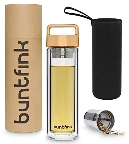 Buntfink 2goBottle Botella de té de cristal con colador, botella con infusor para té o agua, termo (doble pared), color dorado (cobre)