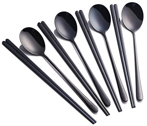 Buyer Star 4 Ensembles coréens Baguettes coréennes cuillères en Acier Inoxydable Noir cuillère Service pour 4 Personnes