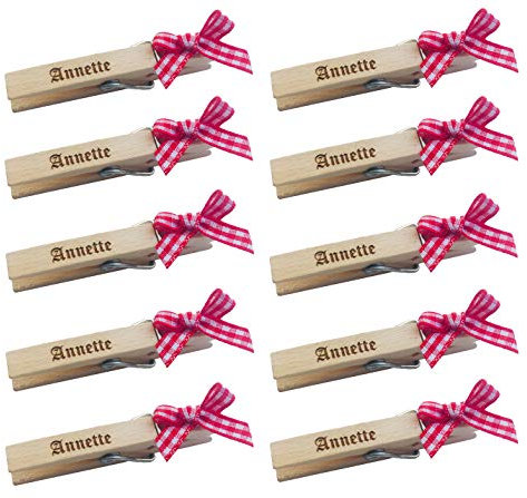 10x Wäscheklammern mit Schleifen und Namensgravur | Namensschild für Hochzeit, Volksfest, Party wählbar (rot-weiß)