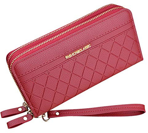 Portafoglio Donna in Pelle PU con Doppia Cerniera - Porta Monete da Polso Grande Capacità con Slot Multiple per Schede e Telefono (Rosso1)