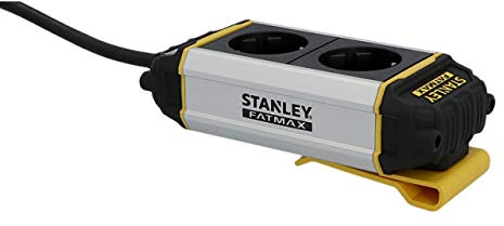 Stanley 2fach Steckdosenleiste, 2x Schutzkontaktsteckdosen 3680W, 5 Meter PVC Zuleitung, Gehäuse aus Aluminium, Befestigungsclip