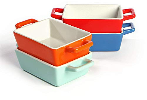 Set of 4 Mini Ceramic Oven Dishes – Colourful Stoneware Baking Dishes for Lasagne, Pies, Casserole, Tapas – Small Oven-to-Table Rectangular Portion Dishes | M&W