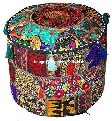Sambhav Quilt Hub Indische runde Stickerei, Vintage-Ottoman-Pouf-Bezug, Patchwork-Ottomane, Wohnzimmer, Patchwork-Fußhocker, dekorativer handgefertigter Stuhlbezug (45,7 x 33 cm)