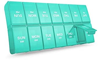 Annwer Tablettenbox 7 Tage Morgens Abends, Pillendose 7 Tage 2 fächer, Feuchtigkeitsbeständiger Medikamentenbox Woche Medikamentendosierer 14 Fächer Pillenbox(Cyan)