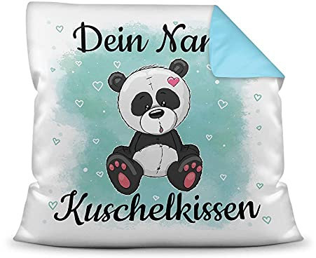 Kissen mit Füllung für Kinder - Tiermotiv Panda - für Mädchen und Jungs - mit Wunschname beschriften - Panda - Farbkissen Rückseite Hellblau, 40 x 40 cm