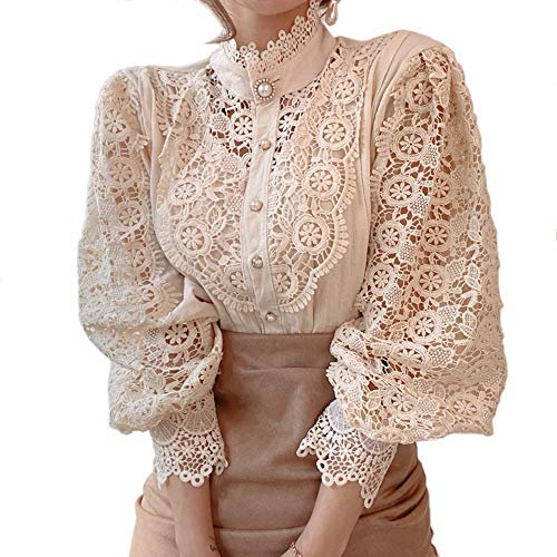Women’s Elegant Lace Trim Shirts Casual Victorian Blouse Long Sleeve Button Down Tops, Apricot, XXL