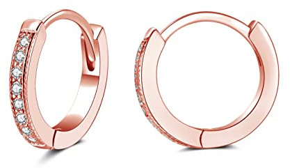 PRETTERY Rose Gold Plated Hoops Earrings for Women, Hypoallergenic 925 Sterling Silver Hoops Earrings with 5A Cubic Zirconia, 13mm Small Round Circle Huggie Hinged Hoop Sleeper Earrings