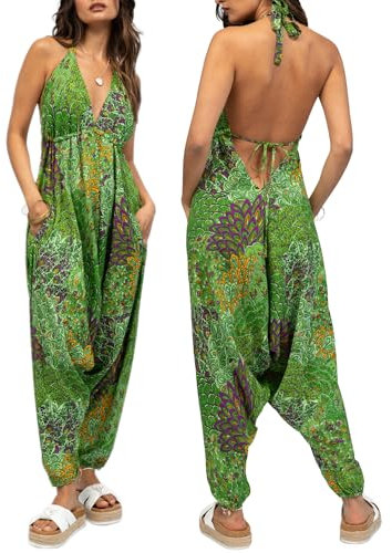 likemary Jumpsuit für Damen - Einteiler mit Nackenband - gemütlich, trotzdem schick und sexy - Onesie mit Taschen - Einheitsgröße, passt fast jeder - Ärmelloser Sommer Hosenanzug - Grün