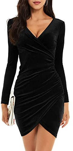 Yutdeng Vestidos para Mujer Elegantes Vestido de Fiesta Invierno Casual Manga Larga Cuello V Vestidos de Noche Corto Ropa Fiesta Cóctel Escote de Pico Terciopelo Vintage, Negro, M