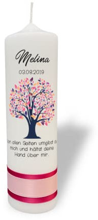 Taufkerze Lebensbaum mit bunten Blaettern