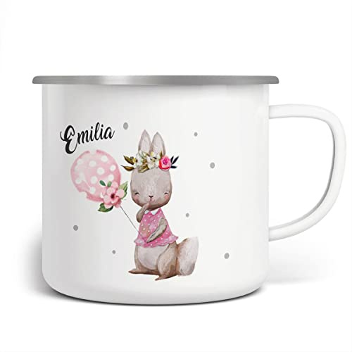 miKalino Emaille Tasse Lachender kleiner Hase personalisierte Kindertasse mit Wunschnamen bedruckt Emaille Becher Emailletasse | handbedrucktes Geschenk, Farbe:weisssilber, Grösse:300ml