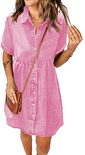 Roskiky Robe en jean décontractée à manches courtes et boutonnées pour femme, Rose, XL