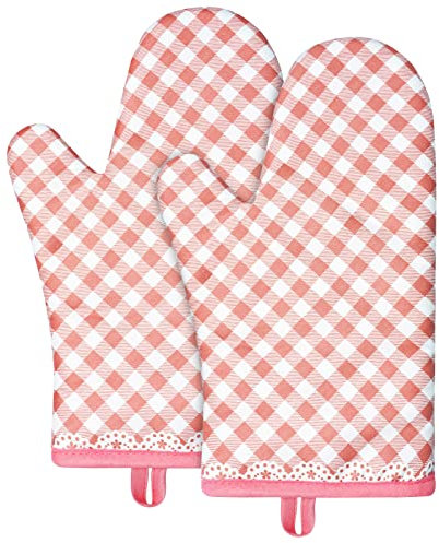 AUAUY 1 Paar Ofenhandschuhe, Baumwolle Topfhandschuhe, Backofenhandschuhe, Waschbare Hitzebeständig [bis 180°C/356°F] Kochhandschuhe, rutschfeste Kochhandschuhe zum Kochen, Backen, Grillen (Hellrosa)