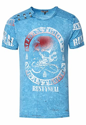 T-Shirt Herren Schwarz Blau Rot Camel Verwaschen Regular Fit S M L XL 2XL 3XL mit Asymmetrisch Knopfleiste All Over Skull Print Street-Wear Shirt 292