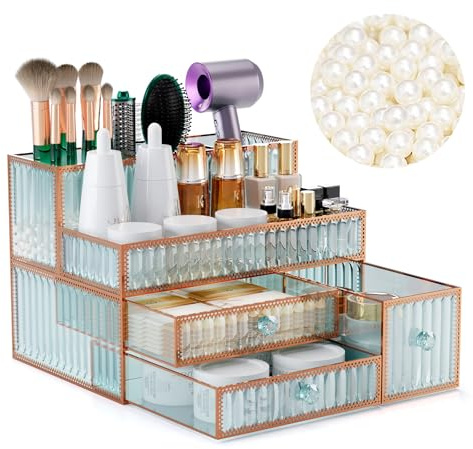 Youdepot Schminktisch Organizer aus gehärtetem Glas, Kosmetik Organizer für Make-up, Skincare, Pinsel, Parfüm und Haar-Tools, Badezimmer Aufbewahrung für Tischplatte, Grün