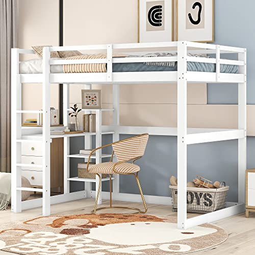 Kinderbett Hochbett 140 X 200 cm, Bettgestell mit Stauraum, komplett aus Kiefer, mit 4 Ablagefächern und Einer Schreibtischplatte (Weiß)