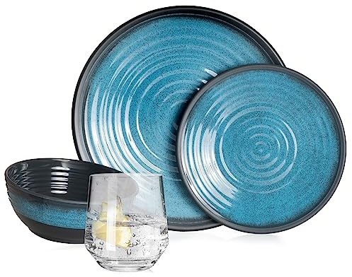 Vaisselle de camping en mélamine pour 4 personnes Bleu pierre + 4 verres Milano