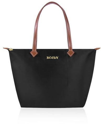 BOJLY Handtasche Damen, Große Damen Nylon Umhängetaschen, wasserdichte Shopper Umhängetasche, Faltbare Handtasche für Freizeit Reisen Büro Schule Shopping Stickerei Schwarz
