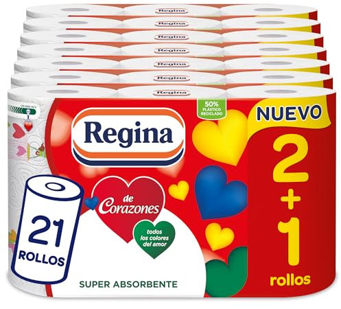 Regina de Corazones Papel Cocina - 21 Rollos, Máxima Absorbencia En Cada Hoja, 58 Hojas De 2 Capas Por Rollo, Color Decorado, Rollo grande