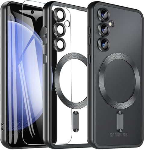 Für Samsung Galaxy S23 FE Hülle mit Schutzfolie, Magnetisch Handyhülle S23 FE Kompatible mit MagSafe Militärschutz Kameraschutz Matt Transluzente Schutzhülle Case Cover für Samsung S23 FE(Schwarz)