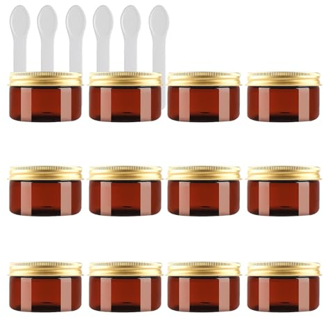 PQPAUTY 12 Pièces Vides Petit 100 ml Marron Cosmétique Pot en Plastique avec Couvercle Or 100 g Pots de Cosmétique Crème de Bouteille Contenant avec 6x Spatules