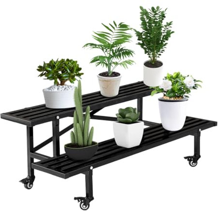 CStern Estantería para flores con ruedas, soporte para flores de metal, 2 niveles, escalera para plantas, escalera, banco de flores, soporte para plantas, para interior, exterior, jardín, balcón,