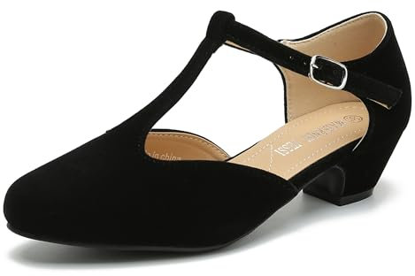 MAIERNISI JESSI Women's T-Strap Low Chunky Heel Mary Jane Pumps Cut Out Wedding Dress Shoes, Black Velvet, 4 UK