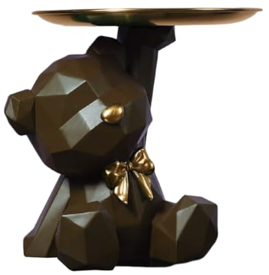BLOOOK Statue Skulptur,Bär Figur Dekorative Tablett,Bären Skulpturen mit Dekotablett,Teddy Bär Deko Figuren Schlüsselschale,Dekoschale für Dessert Kosmetik Schmuck Kerzen (Braun (B))