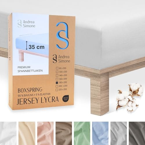 Andrea Simone Premium Spannbettlaken 180x200cm | Bettlaken 180x200 | Spannbetttücher auch für Boxspringbett, bis 35cm, 95% Baumwolle + 5% Lycra, Grau Spannbetttuch, 185 g/m², Jersey 180 x 200