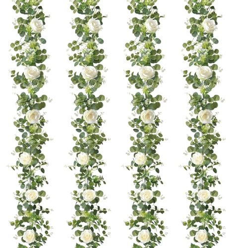 SOMYTING 4pcs Artificial Rose Vine Eucalyptus Garland with White Flowers Seeded 6.56Ft Arch flowers Eucalyptus Leaves Floral Garland Hanging Rose Ivy for Wedding Arch Party Home Decor (4)