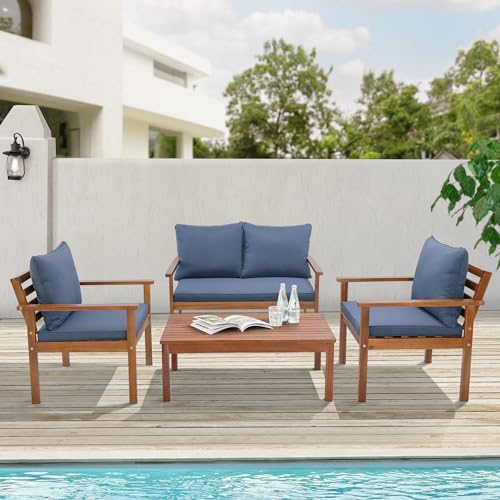 [en.casa] Gartenmöbelset Brittoli 4-TLG. Sitzgruppe mit Kissen Gartenlounge-Set aus Akazienholz und Polyrattan 1x Tisch + 2X Stühle + 1x Sitzbank Holzfarben/Grau