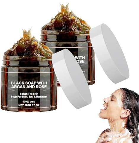 Marokko Schwarze Seife mit Argan und Rose, Morocco Black Soap, 100% Organische Marokkanische Schwarze Seife, Moroccan Black Soap with Organic Argan Oil, for Cleansing Exfoliating (2 Stück)