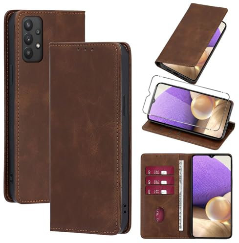 Vauki Coque Cuir pour Samsung Galaxy A32 4G 6.4 avec 1 Verre Trempé Etui à Rabat en PU Porte-Cartes Portefeuille Support Flip Housse Magnétique Antichoc Anti-Rayures Case,Marron
