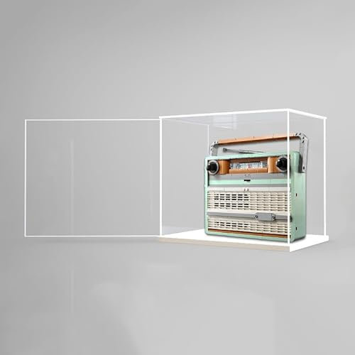 Vetrina in acrilico per radio Lego 10334, modello a blocchi di costruzione, trasparente, antipolvere, 25 x 10 x 25 cm, solo scatola espositiva, idea regalo, personalizzabile (porta bianca)