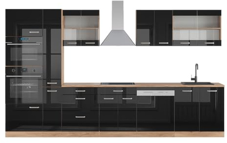 Vicco Küchenzeile R-Line, Schwarz Hochglanz/Goldkraft Eiche, 350 cm | 9 Module · Höhenverstellbare Füße · Arbeitsplatte Eiche · Robuste Fronten · Mit Backofen-/Mikrowellenschrank