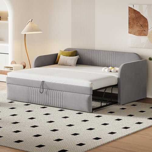 Zravenna Polsterbett Ausziehbares Schlafsofa 90 * 190 cm 180 * 190 cm, Leinenstoff Tagesbett mit Lattenrost, komfortabler Multifunktionsbett (HellGrau)