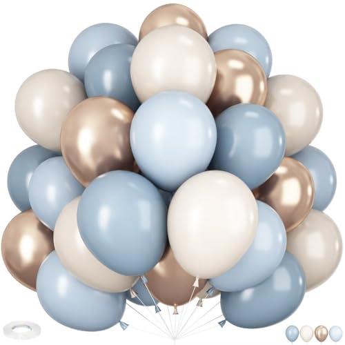 Luftballons Blau Gold, 60 Stück 12 Zoll Retro Dusty Blau Hellblau Sand Weiß Luftballons Metallic Gold Latex Ballons für Kinder Junge Geburtstagsdeko Babyparty Hochzeit Party Dekoration