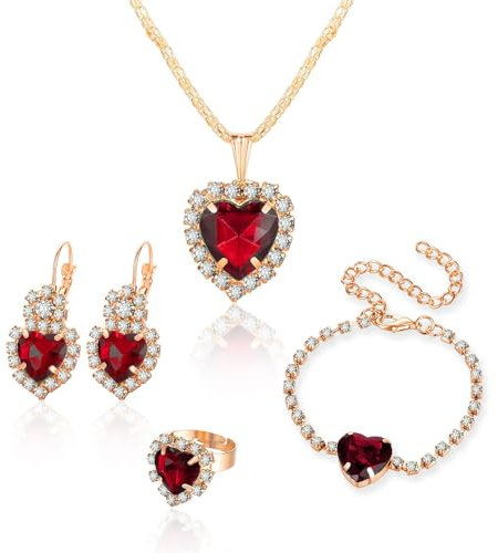 TOFBS Elegantes Herzform Schmuckset Für Damen Vergoldet Mit Schwarzen Kristallen Halskette Ohrringe Armband Und Ring Luxuriöses Design Für Besondere Anlässe
