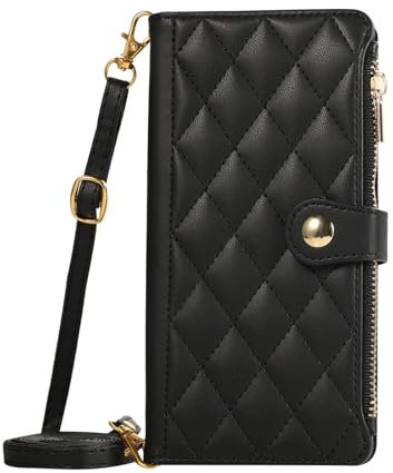 Blapinred for iPhone 6G/7G/8G/SE Crossbody Case Wallet with Card Holder Wrist Strap for Women, Shoulder Lanyard Zipper Leather Purse Stand Cell Phone Wallet Case - Black