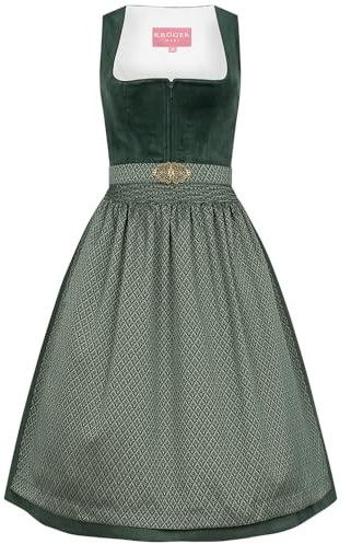 Krüger Dirndl Alisha 70cm Länge Knielang dunkelgrün | Elegantes Samt-Dirndl mit Schlichter Dirndlschürze | Damen