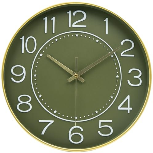 HZDHCLH 30cm Modern Quartz Lautlos Wanduhr Arabisch Ziffer Schleichende Sekunde ohne Ticken für Dekoration Wohnzimmer, Küche, Büro, Schlafzimmer (Goldenes Grün)