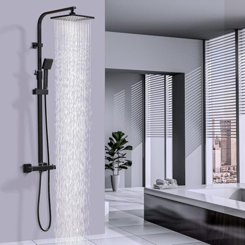 HOMELODY Duschsystem mit Thermostat Schwarz, Duscharmatur Edelstahl Regendusche mit Armatur inkl. ABS Handbrause,Kopfbrause, Verstellbarer Duschstange